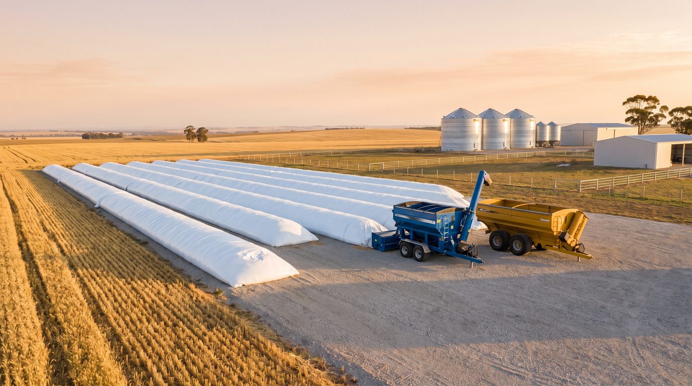 White grain storage bags in neat rows on a gravel hardstand beside a golden stubble paddock at evening, with a grain bagger, a chaser bin and new galvanised silos behind