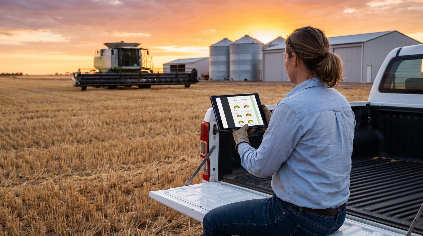 A farmer sitting on the tailgate of a white ute at the edge of a freshly harvested stubble paddock at sunset, holding a tablet showing P2PAgri bank ratio dials, with a header, modern sheds and grain silos behind