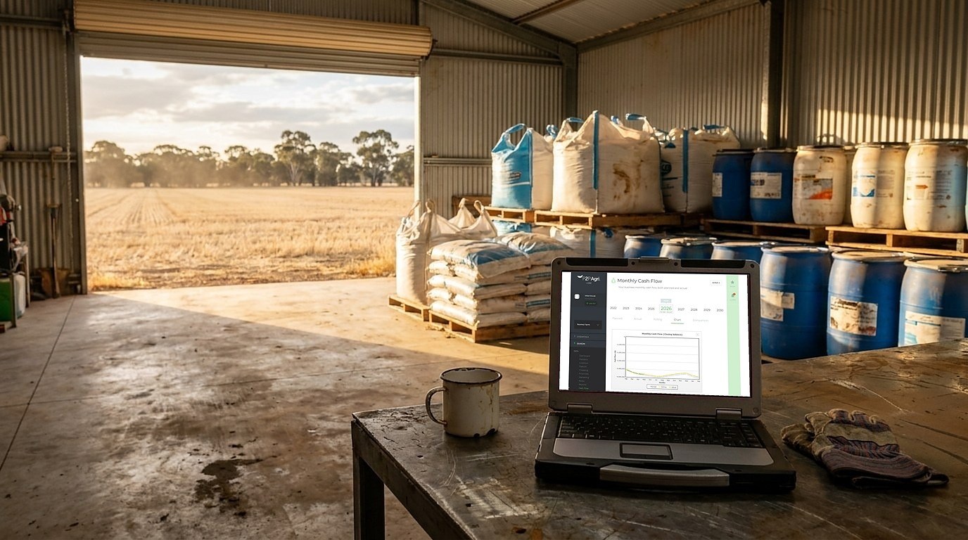 Fertiliser bulka bags and chemical drums stacked in an Australian farm shed at golden hour, with a laptop on the workbench showing the P2PAgri monthly cash flow closing balance chart